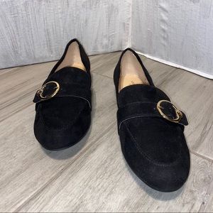 Black take me serious loafers gold buckle